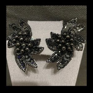 Vintage Premier Collection Shoe Clips Black Sequin w/Beads,Floral Design